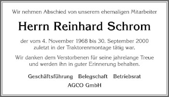Traueranzeige von Reinhard Schrom von Allgäuer Zeitung, Marktoberdorf