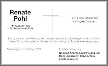 Traueranzeige von Renate Pohl von Memminger Zeitung