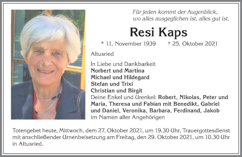  Traueranzeige für Resi Kaps vom 27.10.2021 aus Allgäuer Zeitung,Kempten