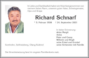 Traueranzeige von Richard Schnarf von Allgäuer Anzeigeblatt
