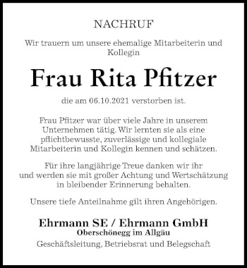 Traueranzeige von Rita Pfitzer von Allgäuer Zeitung