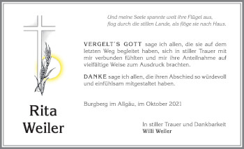 Traueranzeige von Rita Weiler von Allgäuer Anzeigeblatt