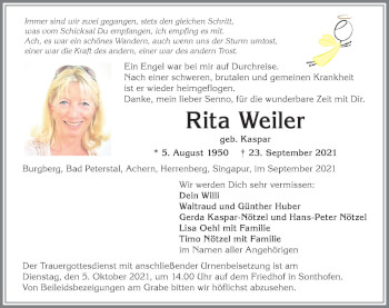 Traueranzeige von Rita Weiler von Allgäuer Anzeigeblatt