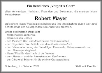 Traueranzeige von Robert Mayer von Allgäuer Zeitung, Kaufbeuren/Buchloe