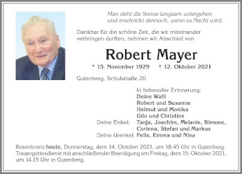 Traueranzeige von Robert Mayer von Allgäuer Zeitung, Kaufbeuren/Buchloe