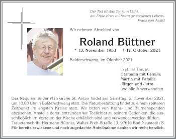 Traueranzeige von Roland Büttner von Allgäuer Anzeigeblatt