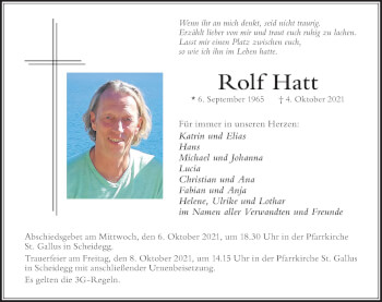 Traueranzeige von Rolf Hatt von Der Westallgäuer