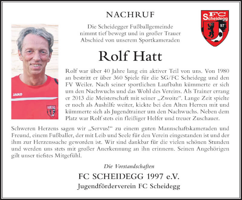  Traueranzeige für Rolf Hatt vom 06.10.2021 aus Der Westallgäuer