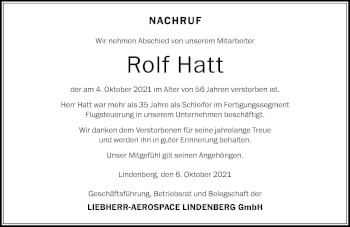 Traueranzeige von Rolf Hatt von Der Westallgäuer