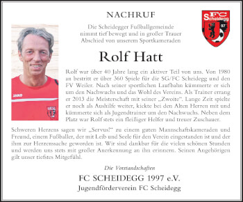Traueranzeige von Rolf Hatt von Der Westallgäuer