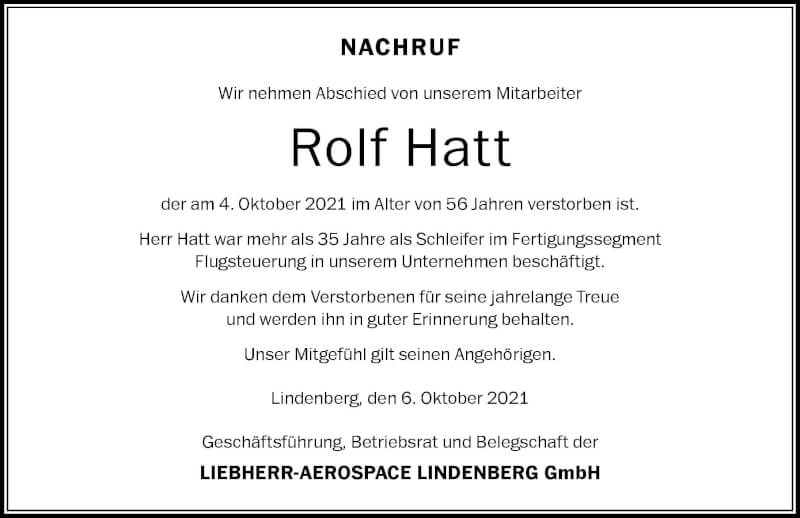  Traueranzeige für Rolf Hatt vom 06.10.2021 aus Der Westallgäuer