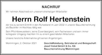 Traueranzeige von Rolf Hertenstein von Allgäuer Zeitung,Kempten