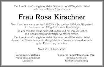 Traueranzeige von Rosa Kirschner von Allgäuer Zeitung, Kaufbeuren/Buchloe