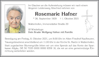 Traueranzeige von Rosemarie Hafner von Allgäuer Zeitung