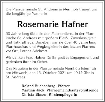 Traueranzeige von Rosemarie Hafner von Allgäuer Zeitung,Kempten