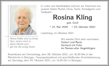 Traueranzeige von Rosina Kling von Allgäuer Zeitung,Kempten