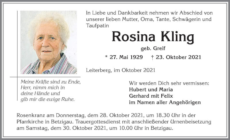  Traueranzeige für Rosina Kling vom 27.10.2021 aus Allgäuer Zeitung,Kempten