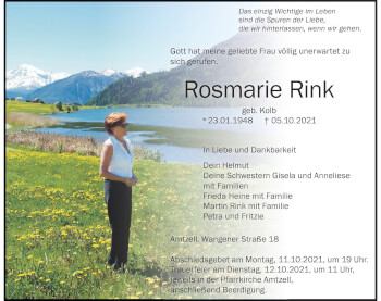 Traueranzeige von Rosmarie Rink von Der Westallgäuer