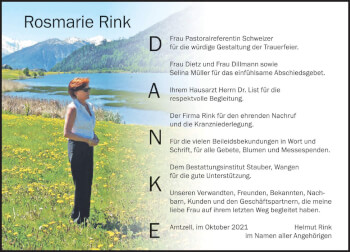Traueranzeige von Rosmarie Rink von Der Westallgäuer