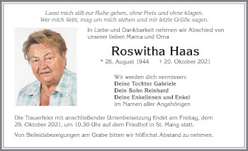Traueranzeige von Roswitha Haas von Allgäuer Zeitung,Kempten