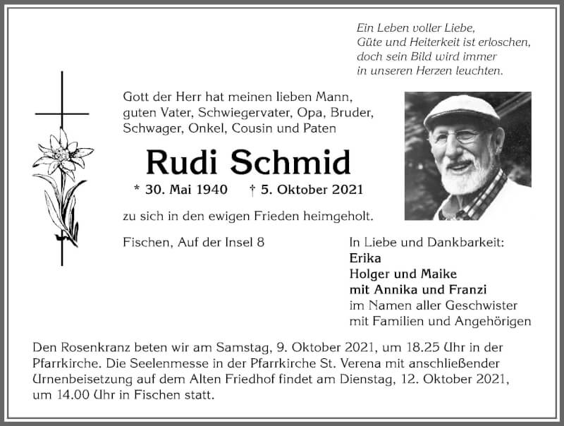  Traueranzeige für Rudi Schmid vom 08.10.2021 aus Allgäuer Anzeigeblatt