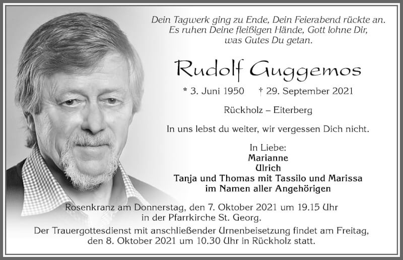  Traueranzeige für Rudolf Guggemos vom 05.10.2021 aus Allgäuer Zeitung, Füssen