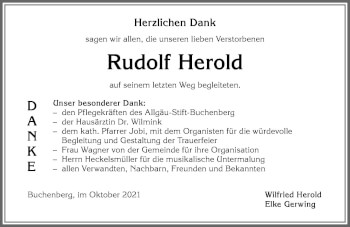 Traueranzeige von Rudolf Herold von Allgäuer Zeitung,Kempten