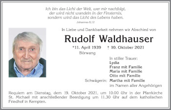 Traueranzeige von Rudolf Waldhauser von Allgäuer Zeitung,Kempten