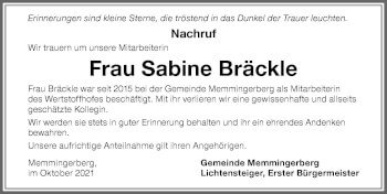 Traueranzeige von Sabine Bräckle von Memminger Zeitung