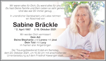 Traueranzeige von Sabine Bräckle von Allgäuer Zeitung