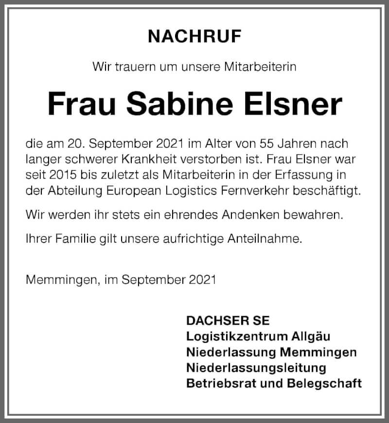  Traueranzeige für Sabine Elsner vom 09.10.2021 aus Memminger Zeitung
