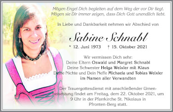 Traueranzeige von Sabine Schnabl von Allgäuer Zeitung, Füssen