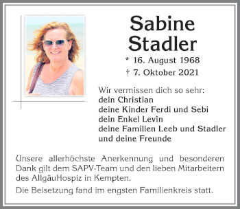 Traueranzeige von Sabine Stadler von Allgäuer Zeitung,Kempten