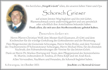 Traueranzeige von Schorsch Grieser von Allgäuer Zeitung, Füssen