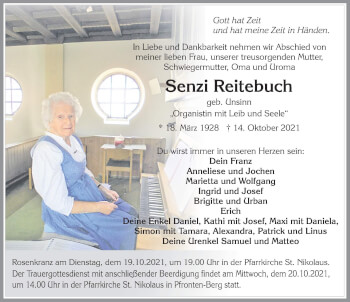 Traueranzeige von Senzi Reitebuch von Allgäuer Zeitung, Füssen