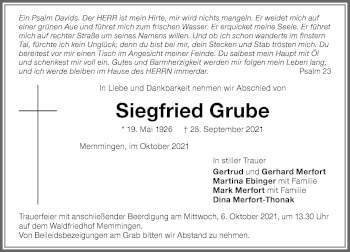 Traueranzeige von Siegfried Grube von Memminger Zeitung