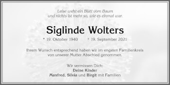 Traueranzeige von Siglinde Wolters von Memminger Zeitung