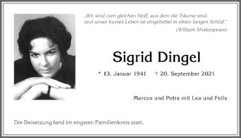 Traueranzeige von Sigrid Dingel von Allgäuer Anzeigeblatt