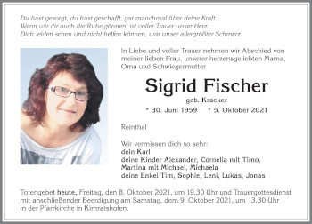 Traueranzeige von Sigrid Fischer von Allgäuer Zeitung,Kempten