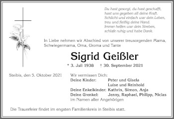 Traueranzeige von Sigrid Geißler von Allgäuer Anzeigeblatt