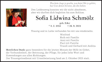 Traueranzeige von Sofia Lidwina Schmölz von Allgäuer Zeitung