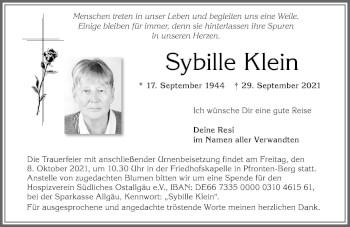 Traueranzeige von Sybille Klein von Allgäuer Zeitung, Füssen
