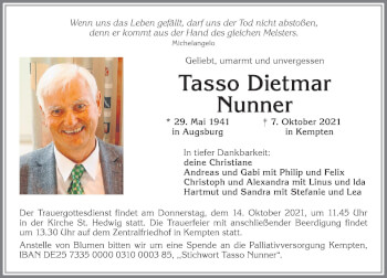 Traueranzeige von Tasso Dietmar Nunner von Allgäuer Zeitung,Kempten