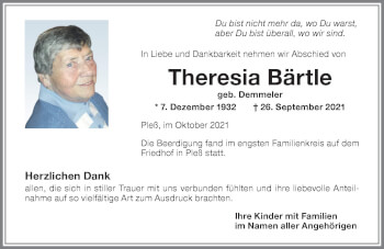Traueranzeige von Theresia Bärtle von Memminger Zeitung