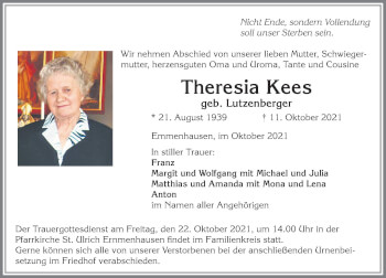 Traueranzeige von Theresia Kees von Allgäuer Zeitung, Kaufbeuren/Buchloe