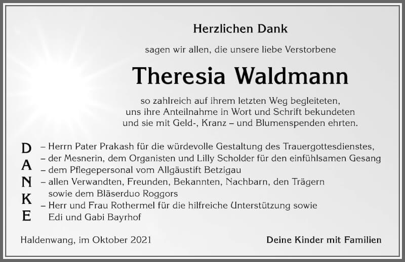  Traueranzeige für Theresia Waldmann vom 08.10.2021 aus Allgäuer Zeitung,Kempten