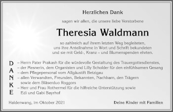 Traueranzeige von Theresia Waldmann von Allgäuer Zeitung,Kempten