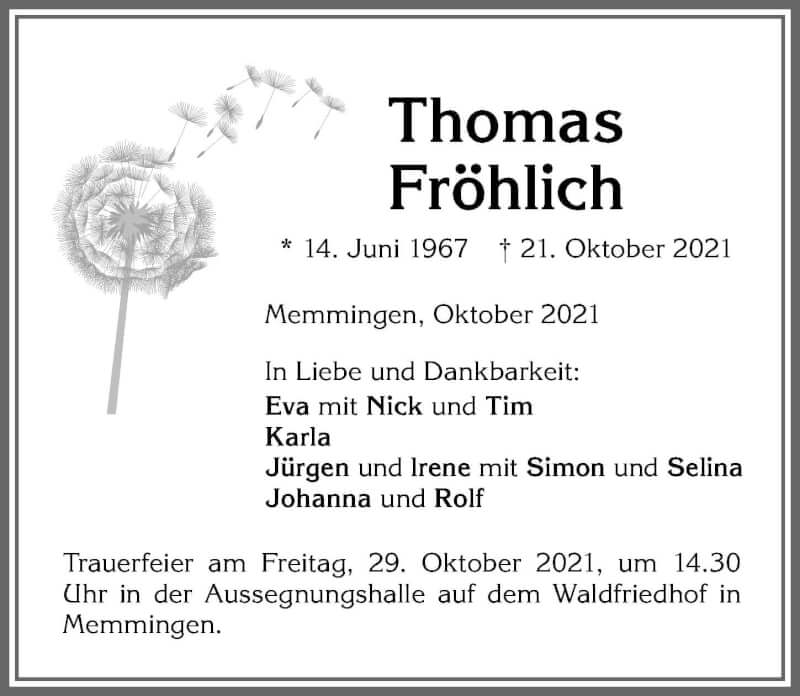  Traueranzeige für Thomas Fröhlich vom 27.10.2021 aus Memminger Zeitung