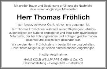 Traueranzeige von Thomas Fröhlich von Memminger Zeitung