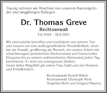 Traueranzeige von Thomas Greve von Allgäuer Zeitung